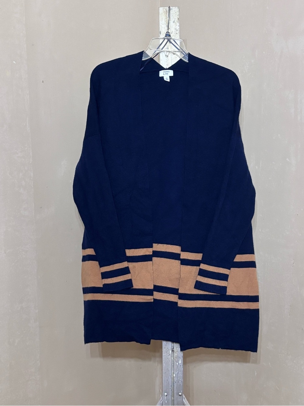 Crown & Ivy Navy Blue Colorblock Open Front Longline Cardigan Sweater M